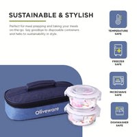 SOPL-OLIVEWARE Delta Glassware Round Lunchbox with Napkin & Steel Cutlery, Borosilicate Glass Container, Microwave Proof, Set of 2 (400ml Each) - Blue