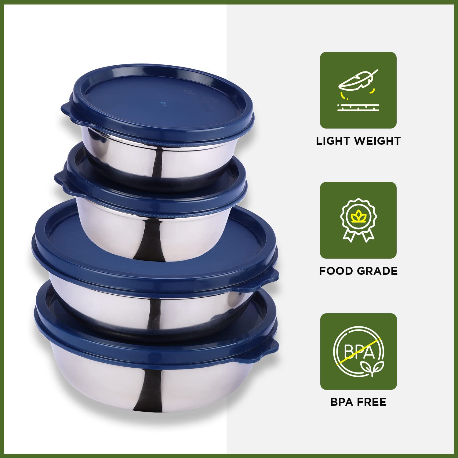 oliveware Elegant Combo Storage Containers, 100% Leak Proof and Dishwasher Safe, 4 Stainless Steel Containers with BPA Free Lid (2x450ml & 2x250ml) - Blue
