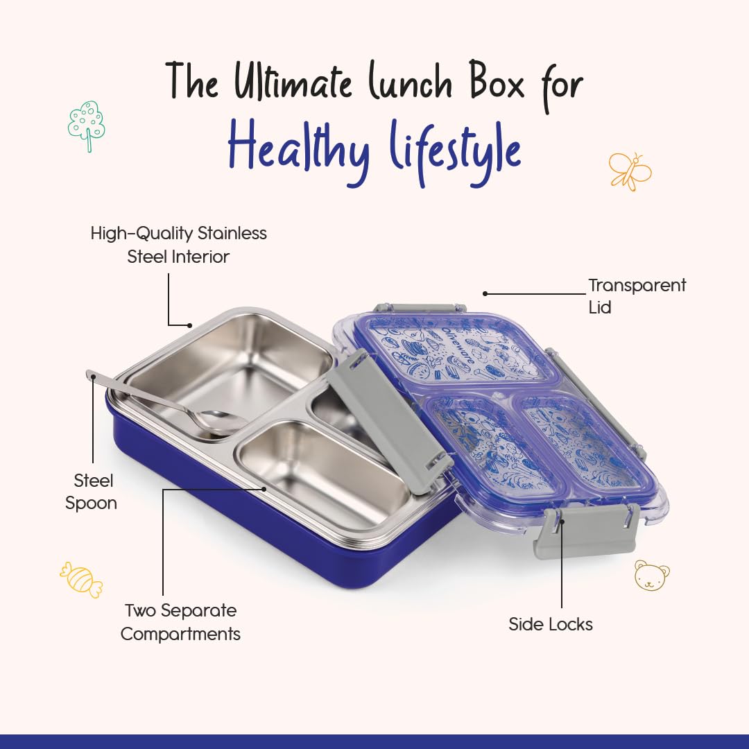 Oliveware Bento Master 3 Lunch Box | with 3 dividers | Steel Spoon | Stainless Steel | Dishwasher & Freezer Safe