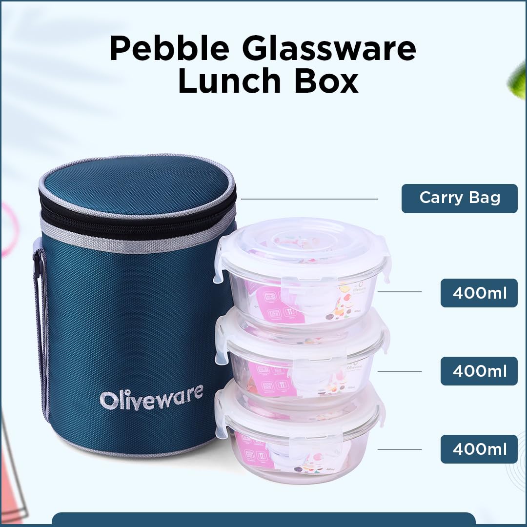 SOPL-OLIVEWARE Pebble Glassware Lunchbox, Borosilicate Glass, Microwave & Freezer Safe, Set of 3 with BPA Free Lid (400ml) Each - Blue
