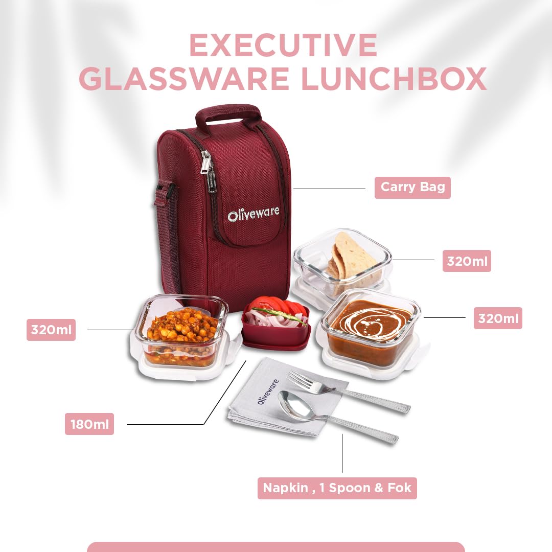 SOPL-OLIVEWARE Executive Glassware Lunchbox, Borosilicate Glass, Microwave Safe,Set of 3 with BPA Free Lid (320ml) Each - Mahroon