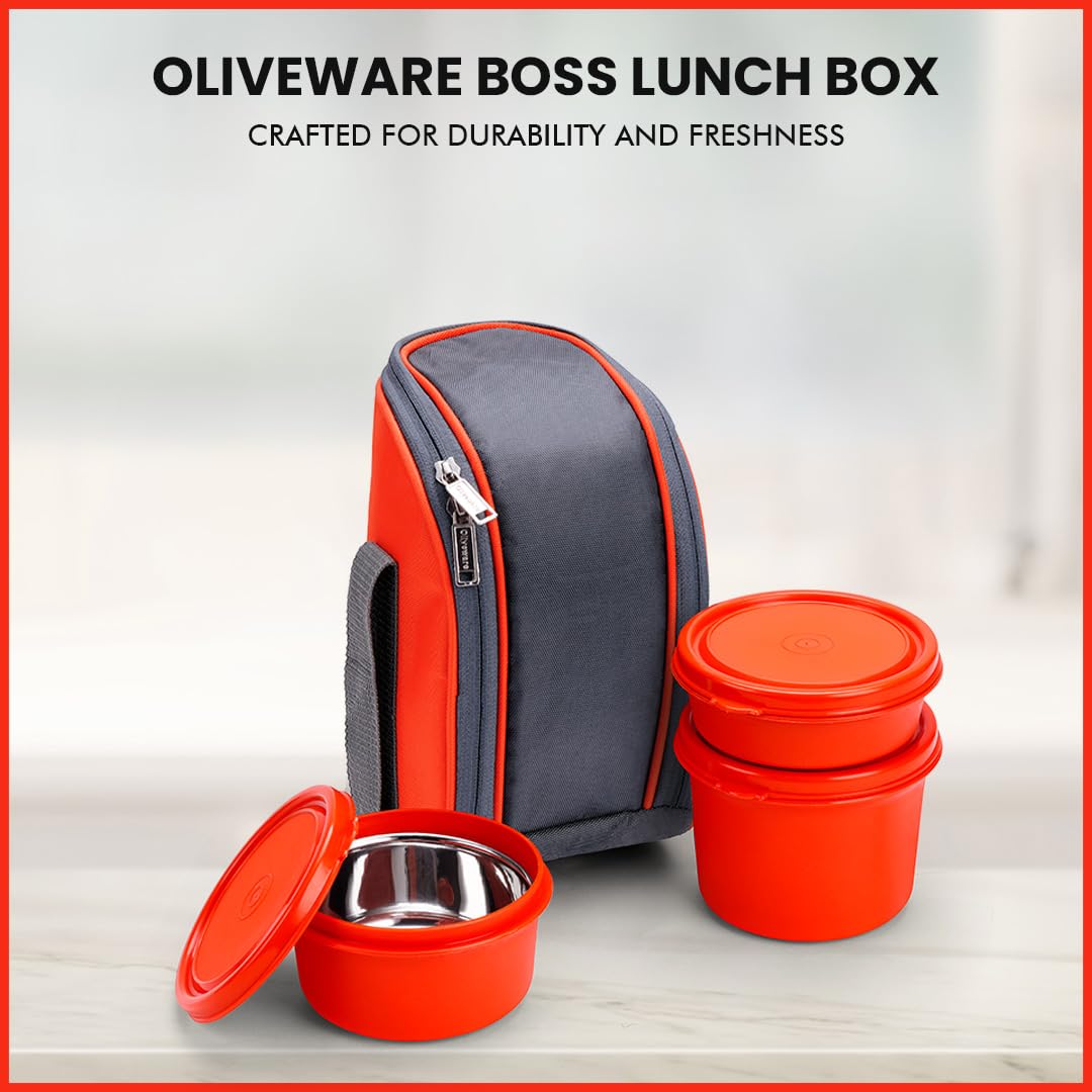 SOPL-OLIVEWARE Boss Stainless Steel Lunch Box, Microwave Safe & Leak Proof, 3 Ineer Steel Containers With Bpa Free Airtight Lids (290 Ml, 450 Ml, 600 Ml), Fabric Bag - Orange, 600 Milliliter