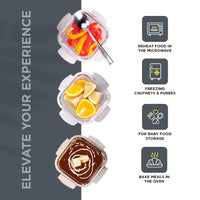 SOPL-OLIVEWARE Ivy Borosilicate Glassware Square Lunchbox, Napkin & Steel Spoon, Microwave Proof, 3 Cointainer with 320ml Each - Grey