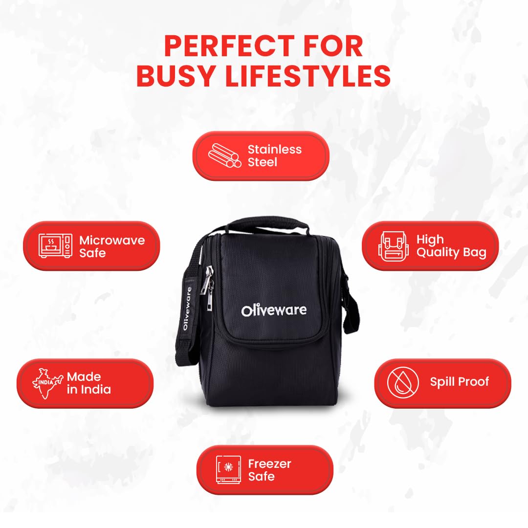 SOPL-OLIVEWARE Teso Lunch Box with Plastic Cutlery, 3 Microwave Safe Inner Steel Containers with BPA Free Lids(290ml, 450ml & 600ml), Plastic Pickle Box (130ml), Steel Water Bottle(750ml) - Red