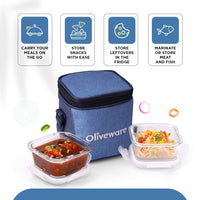 SOPL-OLIVEWARE Roman Glass Lunch Box, Insulated Fabric Bag, Leak Proof & Microwave Safe, Borosilicate Glass Containers with Set of 2 (320ml each)- Blue