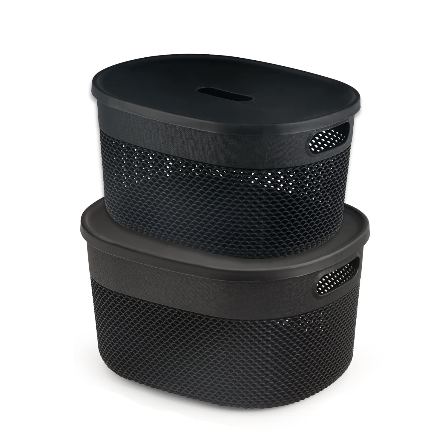 oliveware Black Bingo Basket BPA Free Stackable Storage Containers with Lids for Clothes & Toys, Set of 2-1 Big (5.2 L) +1 Small (3.4 L) plastic