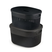 oliveware Black Bingo Basket BPA Free Stackable Storage Containers with Lids for Clothes & Toys, Set of 2-1 Big (5.2 L) +1 Small (3.4 L) plastic