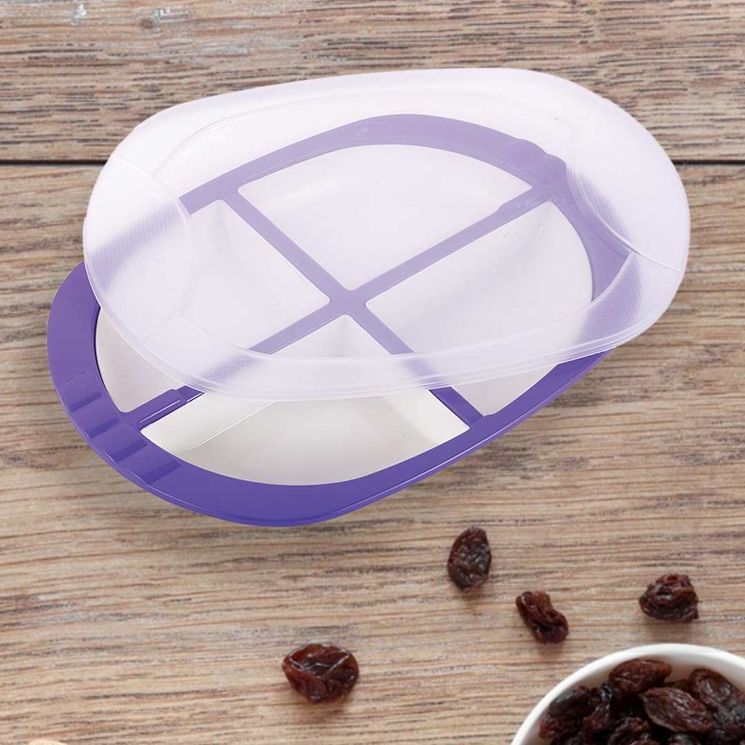 Oliveware Pearl Square Tray with Airtight Lid for Serving Dry Fruits, BPA Free, Storage & Serving Snacks, Dry Fruits, Biscuits, Candy, 4 Compartments (4x150 ml) - Voilet