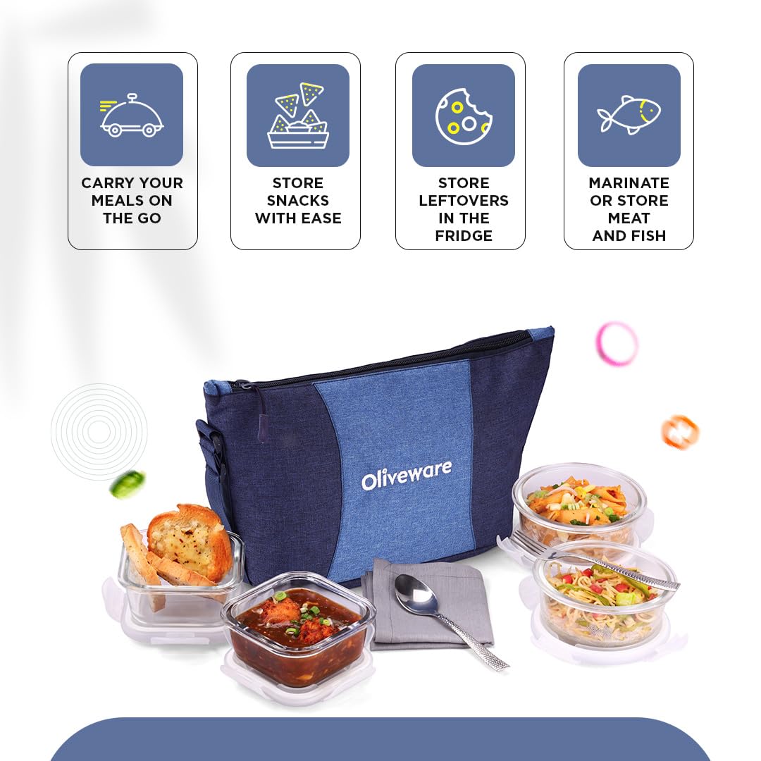 SOPL-OLIVEWARE Olive Glass Lunch Box, Insulated Fabric Bag, Leak Proof & Microwave Safe, Borosilicate Glass, Set of 4 (2 * 320ml & 2 * 400ml) - Blue