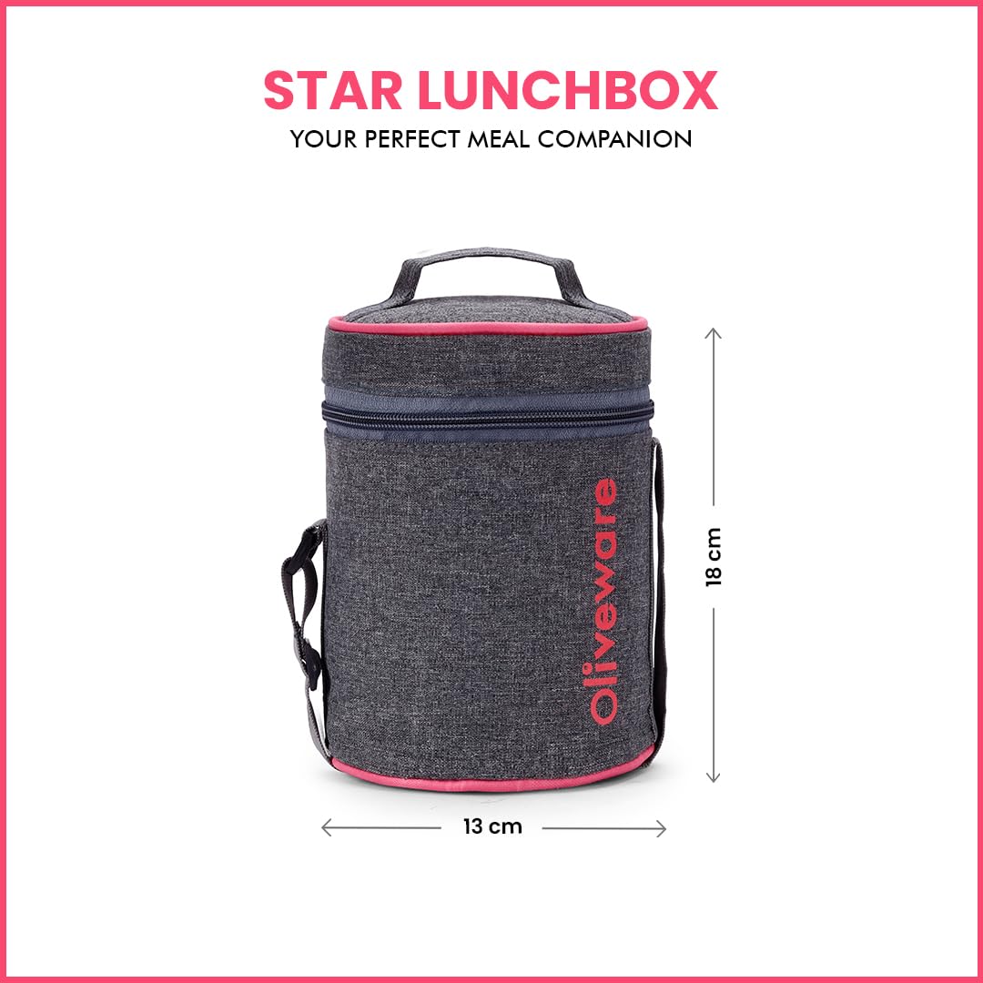 SOPL-OLIVEWARE Star Lunch Box, 100% Leak Proof, 3 Stainless Steel Containers with BPA Free Airtight Lids (600ml, 600ml & 300ml), Fabric Bag - Pink