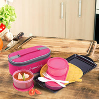 oliveware Double Decker Lunch Box Tiffin, 3 Containers with Plastic Spoon & Fork (300ml, 300ml & 450ml), 100% Leak Proof & BPA Free - Pink