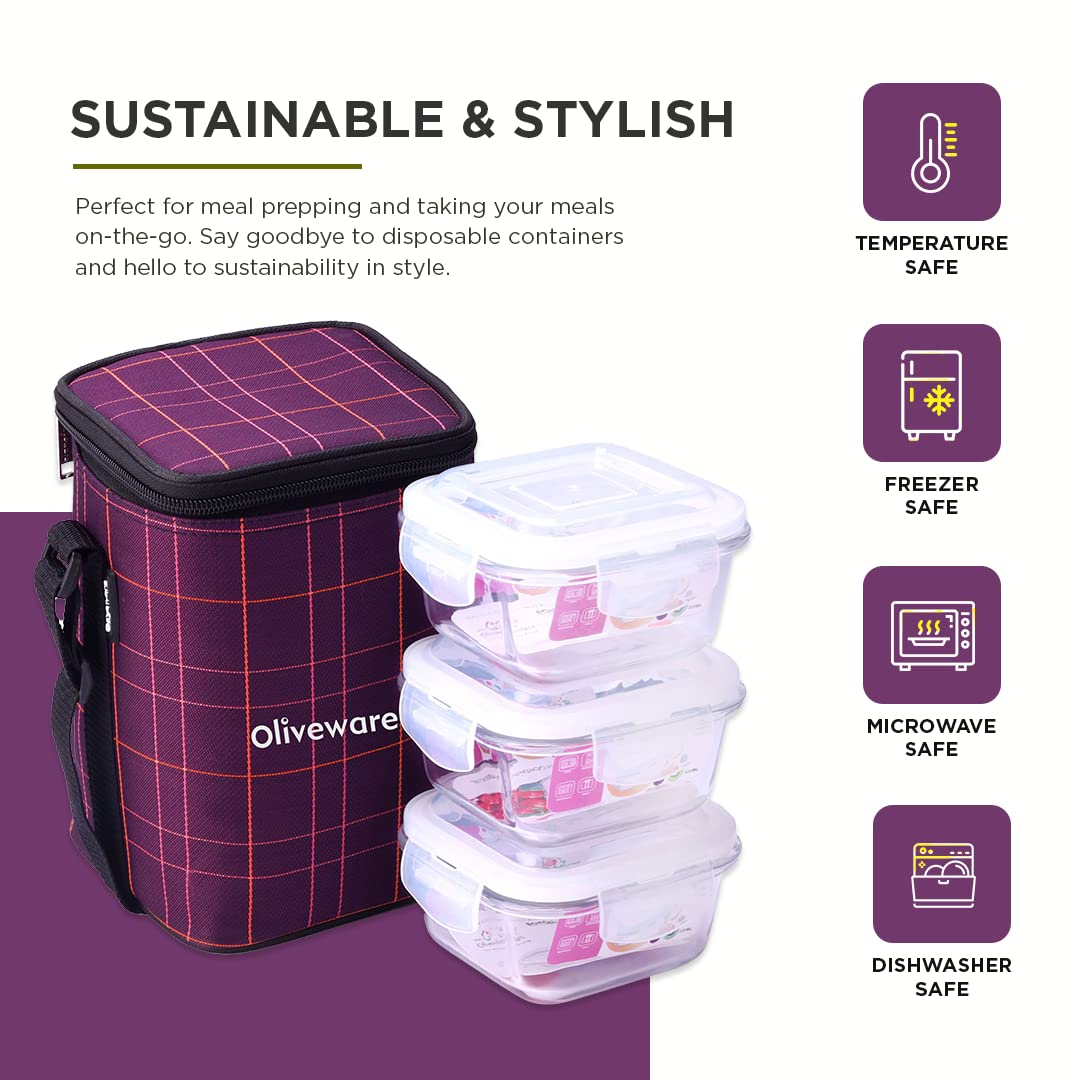 SOPL-OLIVEWARE Spyker Glassware Square Lunchbox, Borosilicate Glass Containers, Microwave Safe & Leak Proof, 3 Containers with BPA Free Lids (320ml) Each - Voilet