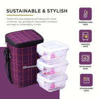 SOPL-OLIVEWARE Spyker Glassware Square Lunchbox, Borosilicate Glass Containers, Microwave Safe & Leak Proof, 3 Containers with BPA Free Lids (320ml) Each - Voilet