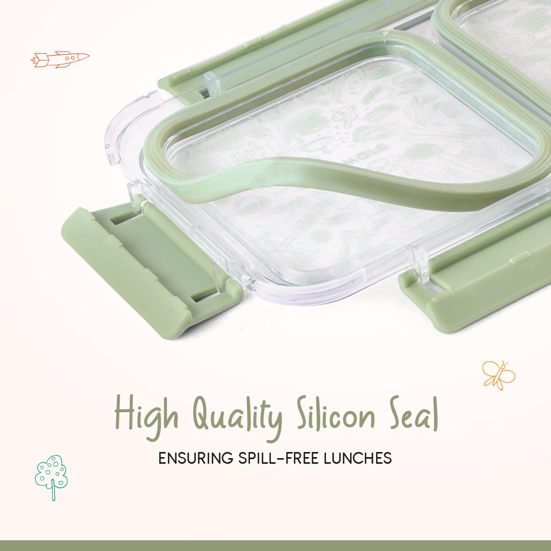 Oliveware Bento Master 2 Lunch Box | with 2 dividers | Steel Spoon | Stainless Steel | Dishwasher & Freezer Safe (Bento 2, Green)