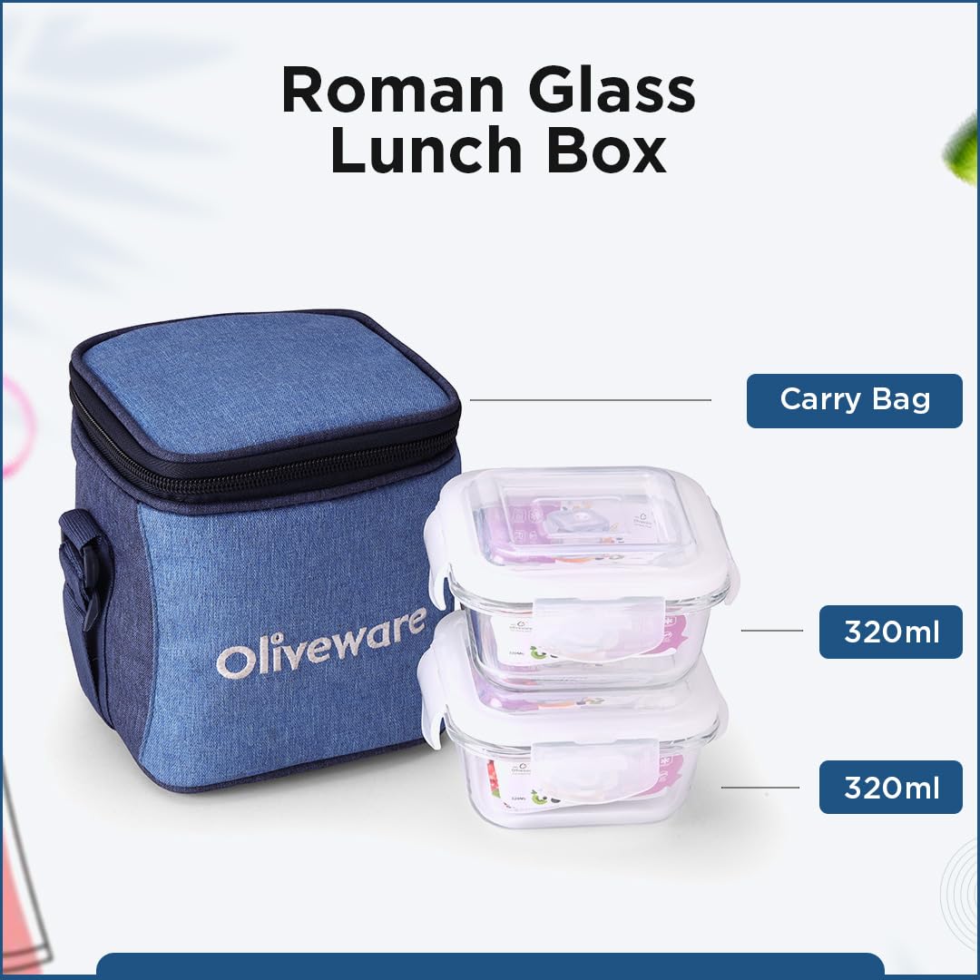SOPL-OLIVEWARE Roman Glass Lunch Box, Insulated Fabric Bag, Leak Proof & Microwave Safe, Borosilicate Glass Containers with Set of 2 (320ml each)- Blue