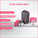SOPL-OLIVEWARE Star Lunch Box, 100% Leak Proof, 3 Stainless Steel Containers with BPA Free Airtight Lids (600ml, 600ml & 300ml), Fabric Bag - Pink