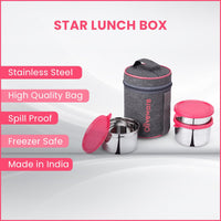 SOPL-OLIVEWARE Star Lunch Box, 100% Leak Proof, 3 Stainless Steel Containers with BPA Free Airtight Lids (600ml, 600ml & 300ml), Fabric Bag - Pink