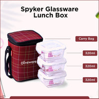 SOPL-OLIVEWARE Spyker Glassware Square Lunchbox, Borosilicate Glass Containers, Microwave Safe & Leak Proof, 3 Containers with BPA Free Lids (320ml) Each - Red