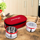 oliveware Crunch Lunch Box, 2 Stainless Steel Containers (300 ml), Leak Proof with BPA Free Air Tight Lids, Fabric Jacket - Red