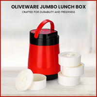 Oliveware Jumbo Lunch Box - 4 Containers | Full Set Office Use | Insulated Body | Leak Proof | Full Meal & Easy to Carry - Red