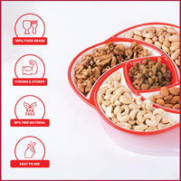 Oliveware Elegant Plastic Dry Fruit Tray with Airtight Lid, BPA Free, 5 Compartments (4x160 ml,1x100 ml), for Snacks and Dry Fruits - Red