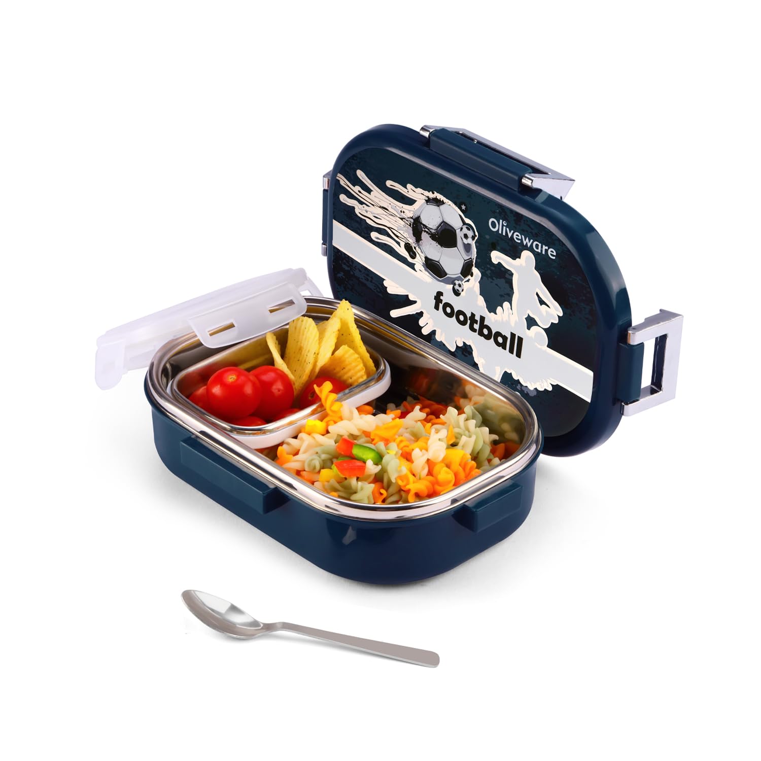 Oliveware Snacky Kids Lunch Box, Stainless Steel in 700ml Include Sabzi Container(180ml) & Steel Spoon, Food Grade BPA Free, Leak Proof & Colourful Designs (BlueFire)