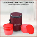 oliveware Easy Meal Plastic Lunch Box with Insulated Fabric Bag, BPA Free & Leak Proof, Set of 3 (290ml, 600ml, 600ml), Full Meal - Red