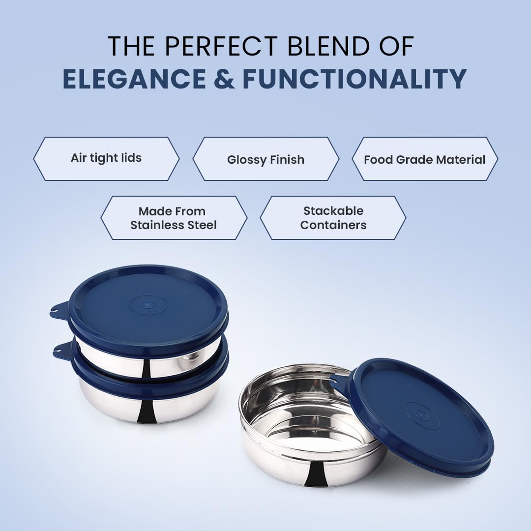 SOPL-OLIVEWARE Magic Storage Container, 100% Leak Proof & BPA Free Lid, Dishwasher Safe, 3 Stainless Steel Containers with 300 ml Each - Blue