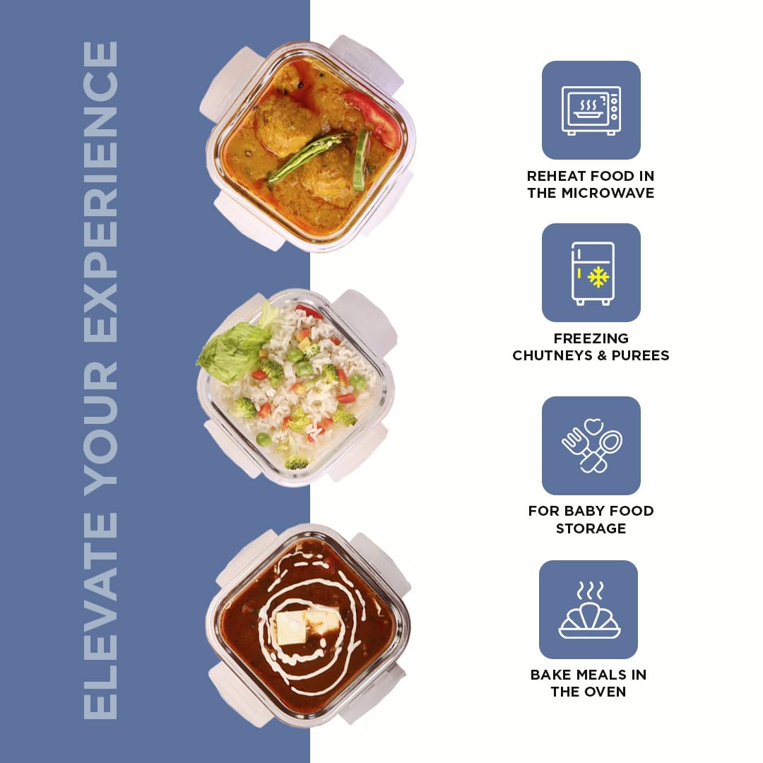 SOPL-OLIVEWARE Eathen Glass Lunch Box with Steel Spoon & Napkin, Microwave Safe, Borosilicate Glass Containers, Set of 3 (320ml Each), Fabric Bag - Blue