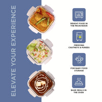 SOPL-OLIVEWARE Eathen Glass Lunch Box with Steel Spoon & Napkin, Microwave Safe, Borosilicate Glass Containers, Set of 3 (320ml Each), Fabric Bag - Blue