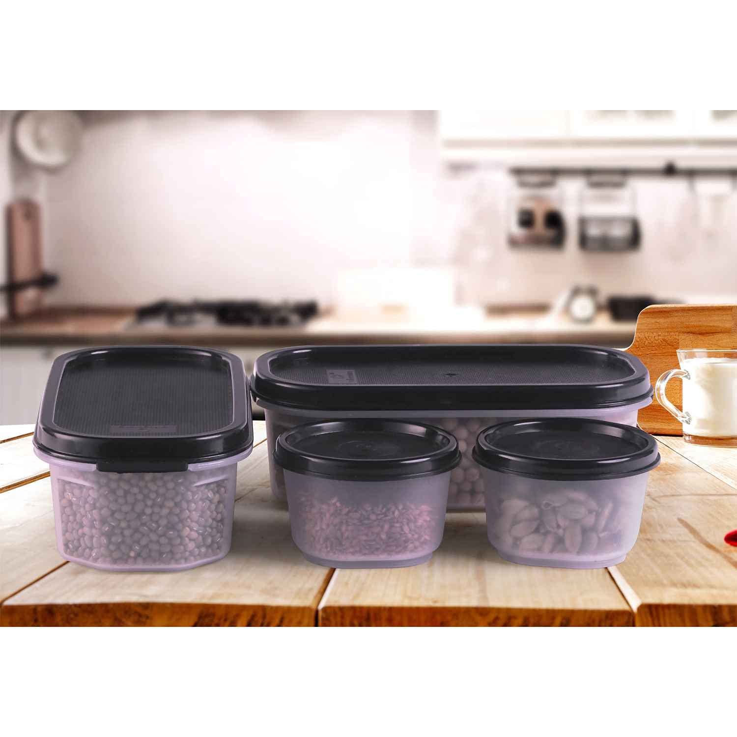 Oliveware Modular Storage Containers with Airtight Lid, BPA Free, For Pulses, Rice, Dal & Atta, Set of 4 (2x600ml, 2x180ml) - Black