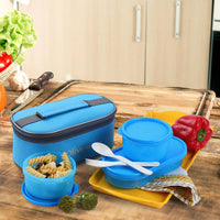 oliveware Double Decker Lunch Box Tiffin, 3 Containers with Plastic Spoon & Fork (300ml, 300ml & 450ml), 100% Leak Proof & BPA Free - Blue