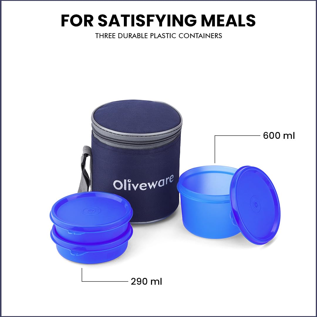 oliveware Lovely Little Plastic Lunch Box, Microwave Safe & Leak Proof, Food Grade BPA Free 3 Containers (290ml, 290ml, 600ml), Fabric Bag - Blue