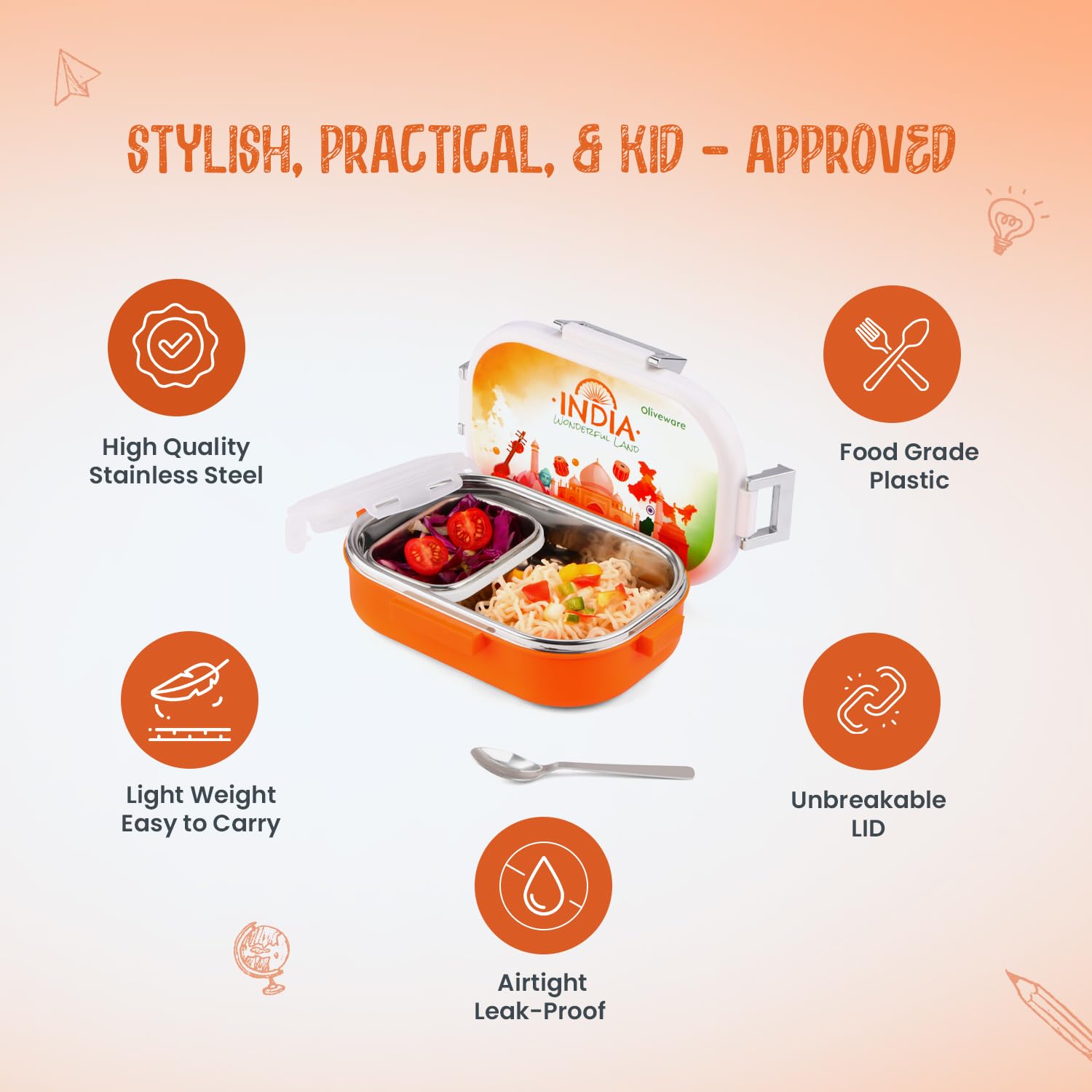 Oliveware Snacky Kids Lunch Box, Stainless Steel in 700ml Include Sabzi Container(180ml) & Steel Spoon, Food Grade BPA Free, Leak Proof & Colourful Designs (Orange)