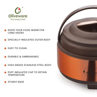 Oliveware Glory Puff Insulated Casseroles, Stainless Steel, Sturdy Base, Keeps Chapati, Food Curry, Easy to Carry, Set of 2-2000ml (Copper)