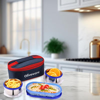 oliveware Aroma Stainless Steel Lunch Box, Leak Proof, 2 Container with BPA Free Air-Tight Lid (350ml & 350ml), Plastic Roti Box (450ml) - Blue