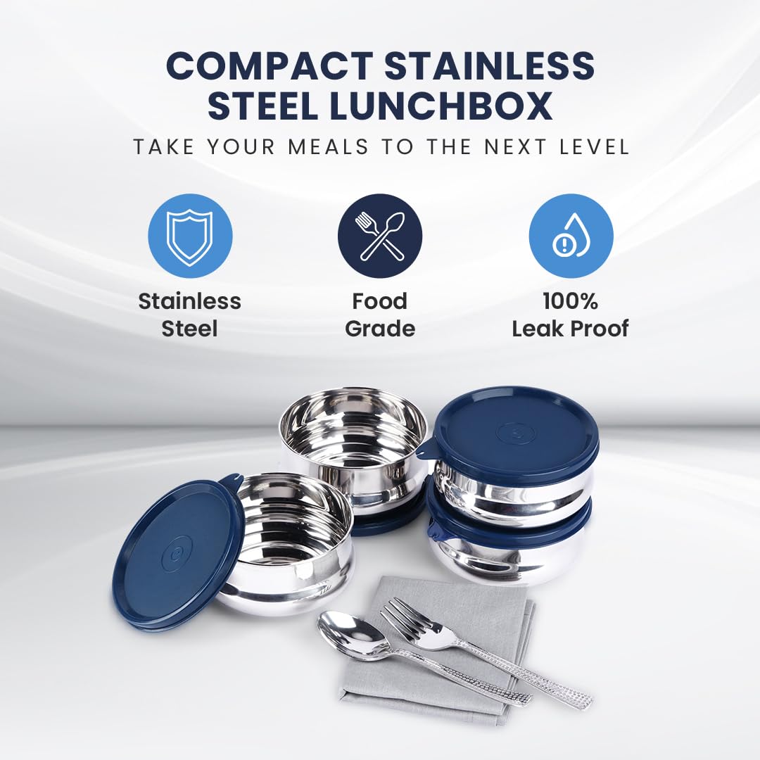 SOPL-OLIVEWARE Compact Lunch Box, 100% Leak Proof, 4 Stainless Steel Containers with BPA Free Lids (450ml) Each, Napkin & Steel Cutlery, Fabric Bag - Blue