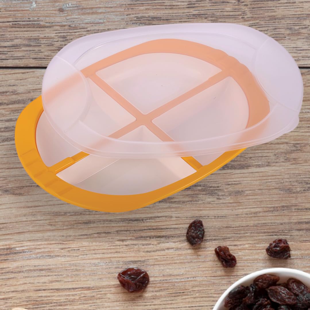 Oliveware Pearl Square Tray with Airtight Lid for Serving Dry Fruits, BPA Free, Storage & Serving Snacks, Dry Fruits, Biscuits, Candy, 4 Compartments (4x150 ml) - Yellow