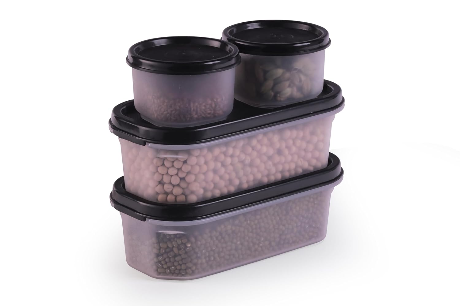 Oliveware Modular Storage Containers with Airtight Lid, BPA Free, For Pulses, Rice, Dal & Atta, Set of 4 (2x600ml, 2x180ml) - Black