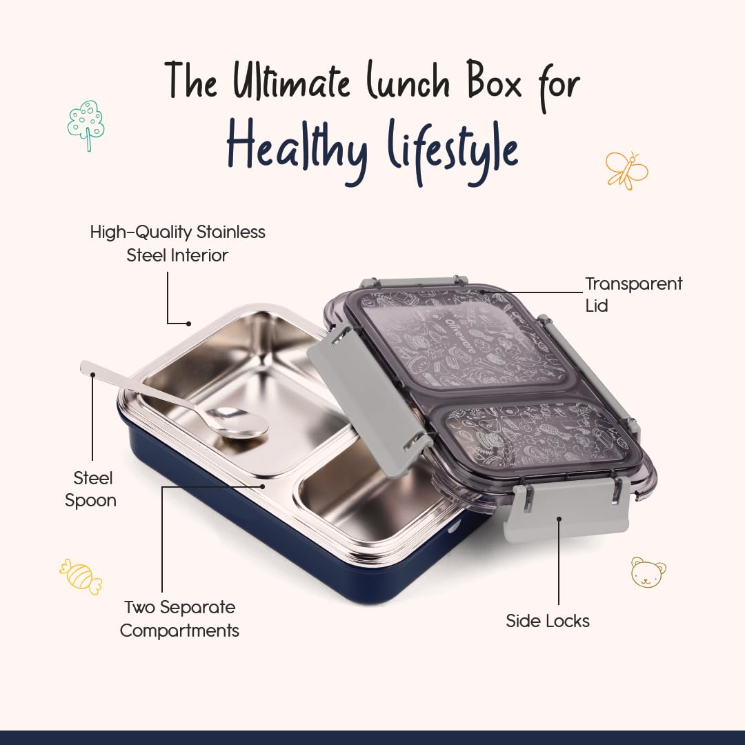 Oliveware Bento Master 2 Lunch Box | with 2 dividers | Steel Spoon | Stainless Steel | Dishwasher & Freezer Safe (Bento 2, Blue)