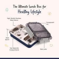 Oliveware Bento Master 2 Lunch Box | with 2 dividers | Steel Spoon | Stainless Steel | Dishwasher & Freezer Safe (Bento 2, Blue)