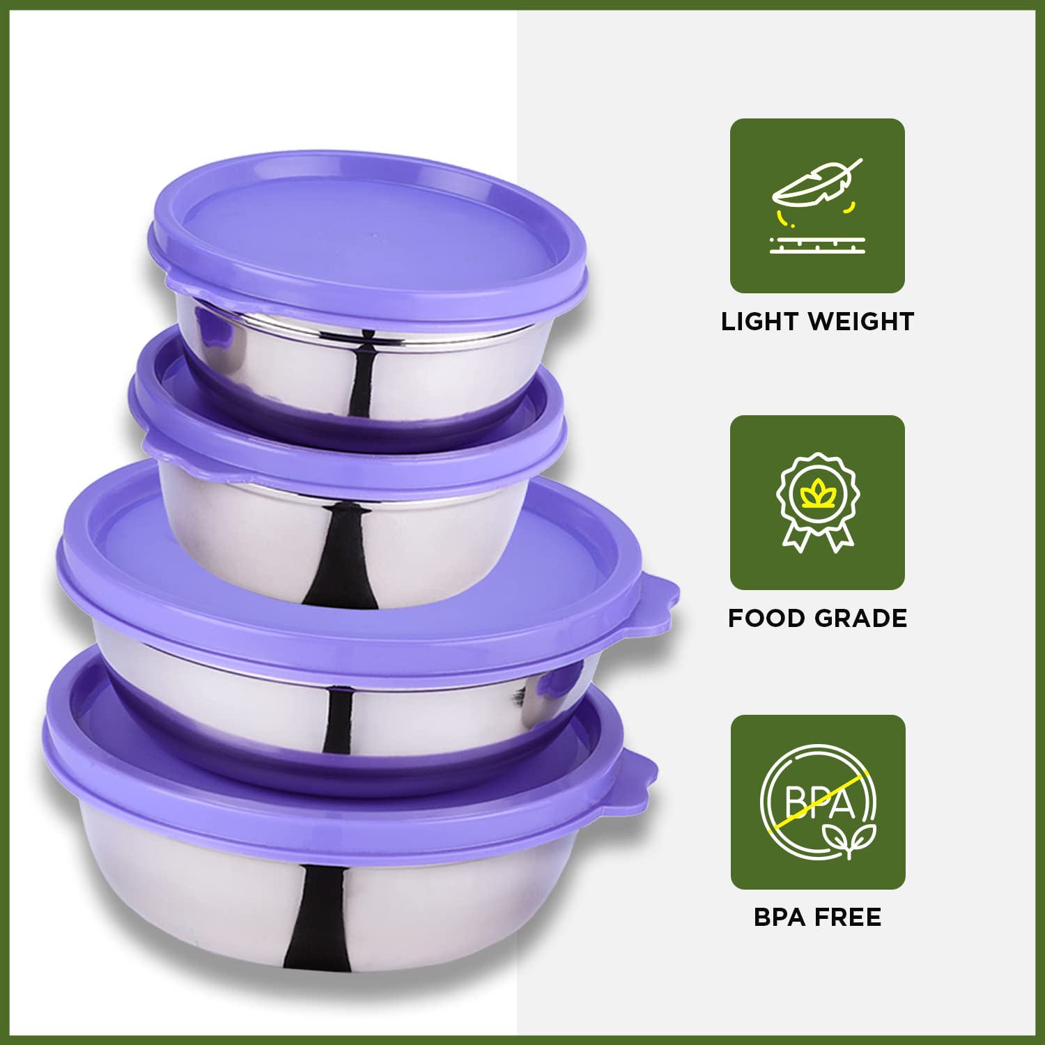 oliveware Elegant Combo Storage Containers, 100% Leak Proof and Dishwasher Safe, 4 Stainless Steel Containers with BPA Free Lid (2x450ml & 2x250ml) - Voilet