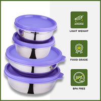 oliveware Elegant Combo Storage Containers, 100% Leak Proof and Dishwasher Safe, 4 Stainless Steel Containers with BPA Free Lid (2x450ml & 2x250ml) - Voilet