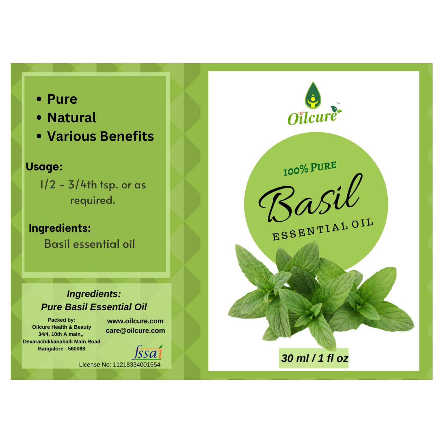 Oilcure Basil Essential Oil | Pure | 30 ml | Therapeutic Grade