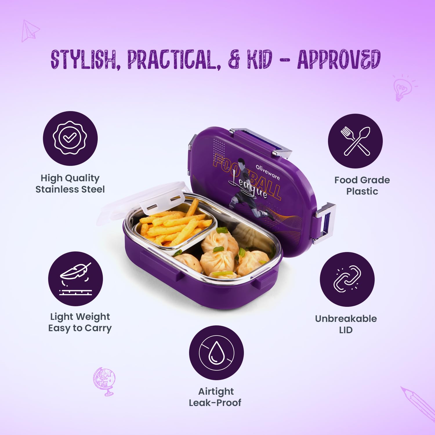 Oliveware Snacky Kids Lunch Box, Stainless Steel in 700ml Include Sabzi Container(180ml) & Steel Spoon, Food Grade BPA Free, Leak Proof & Colourful Designs (Voilet)