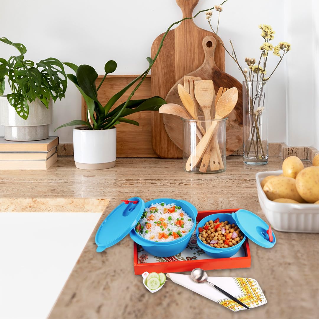 oliveware SOPL Micro Dynasty Food Storage Containers with Air Vent Lid, BPA-Free, Microwave Safe & Leak Proof, Set of 2 (2000L Big + 900 ml Small) - Blue