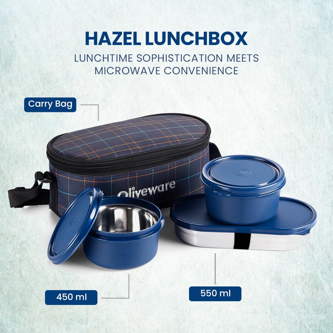 SOPL-OLIVEWARE Hazel Lunch Box, Leak Proof & Microwave Safe, 3 Stainless Steel Containers (450ml, 450ml, 550ml), Insulated Fabric Bag, Full Meal & Easy to Carry (Blue)