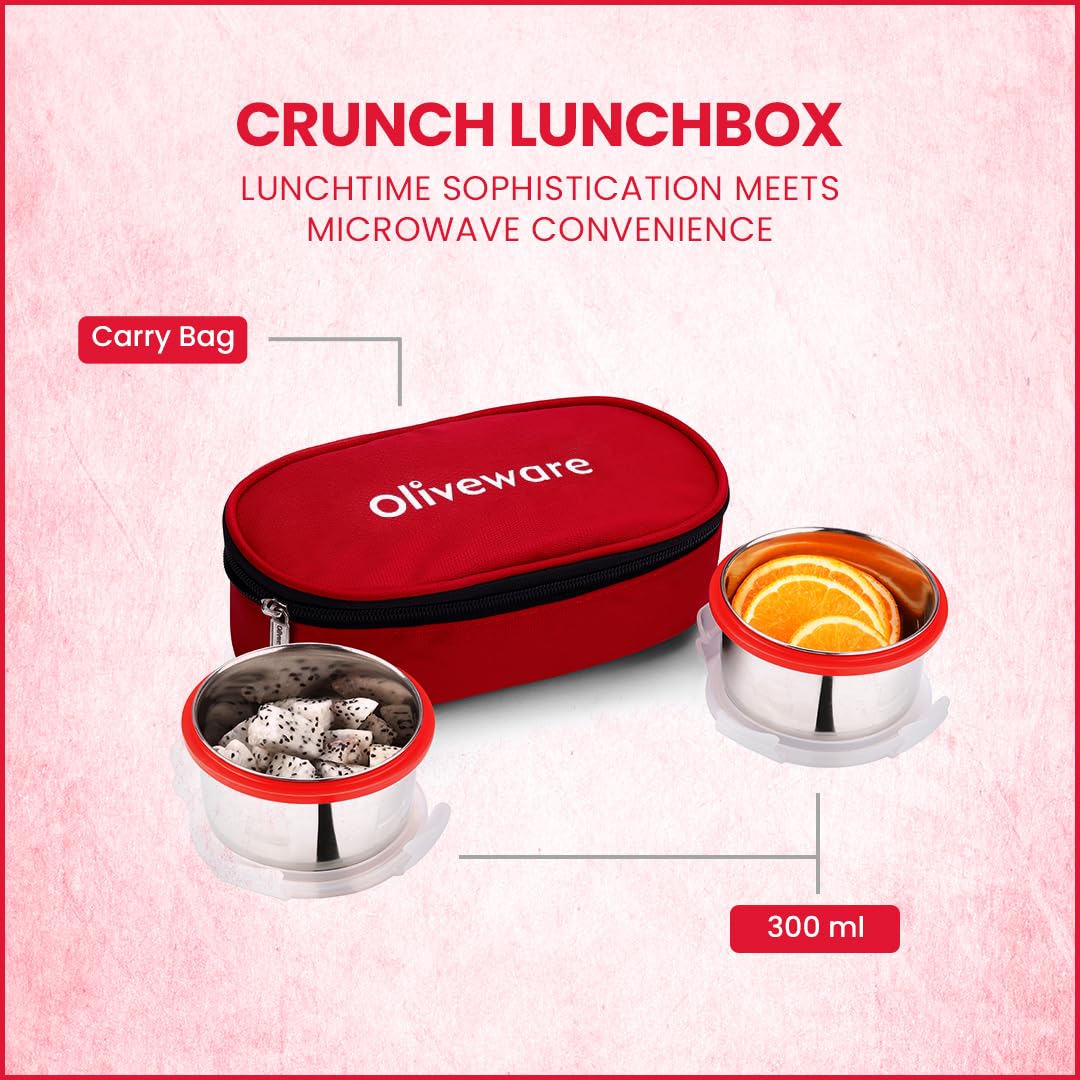 oliveware Crunch Lunch Box, 2 Stainless Steel Containers (300 ml), Leak Proof with BPA Free Air Tight Lids, Fabric Jacket - Red
