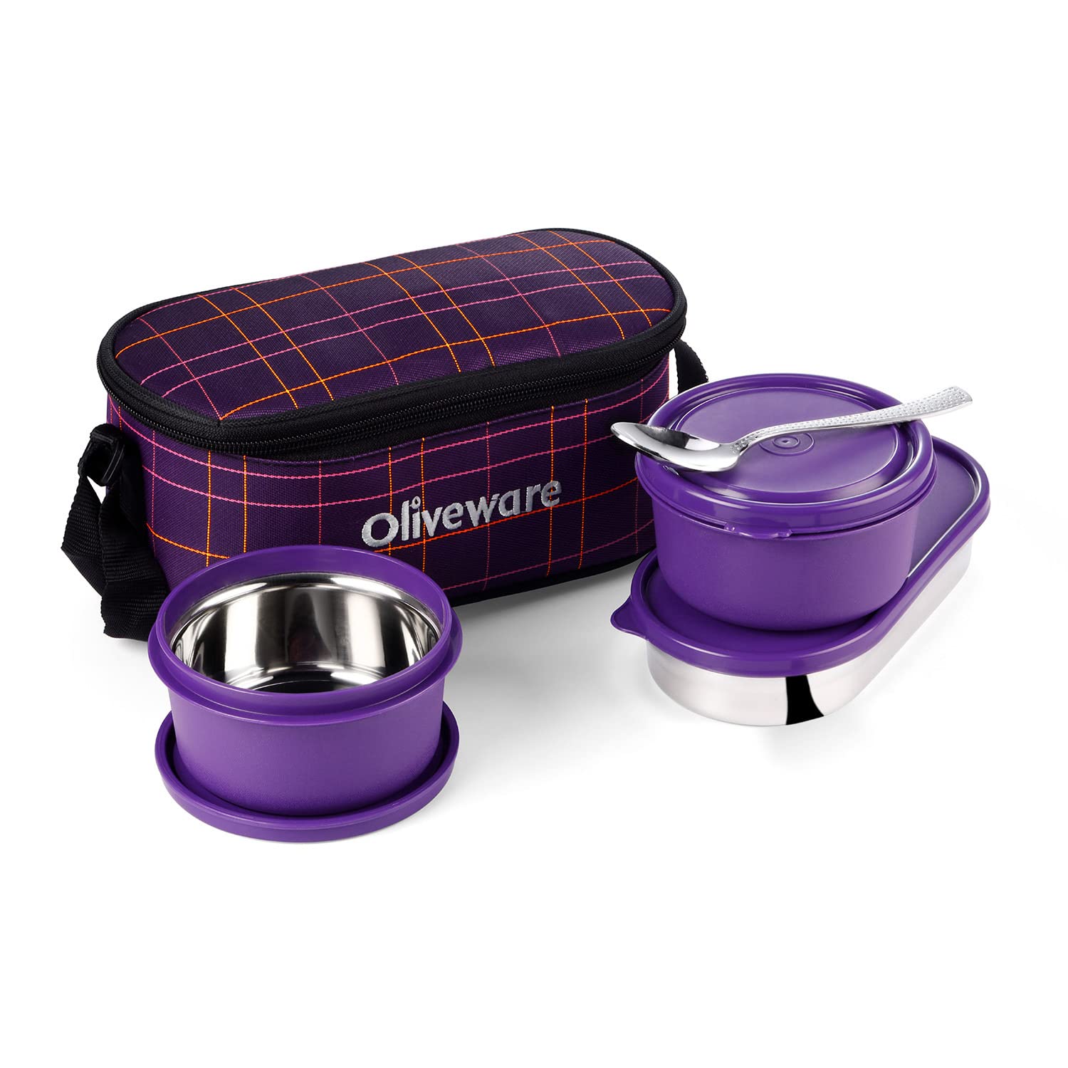 SOPL-OLIVEWARE Hazel Lunch Box, Leak Proof & Microwave Safe, 3 Stainless Steel Containers (450ml, 450ml, 550ml), Insulated Fabric Bag, Full Meal & Easy to Carry (Voilet)