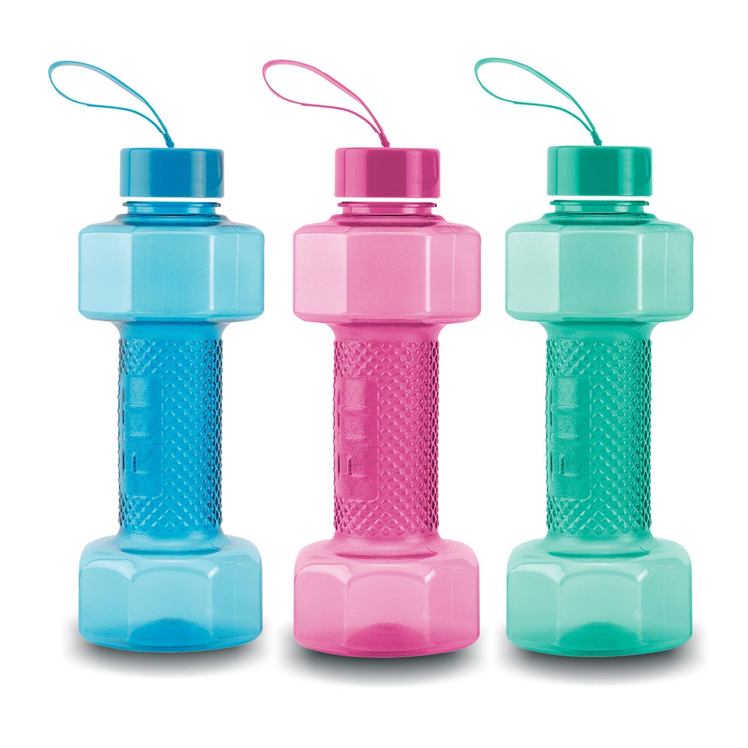 oliveware Plastic Dumbbell Water Bottle With Carry Strap, 750ml, Set of 3, Multicolour